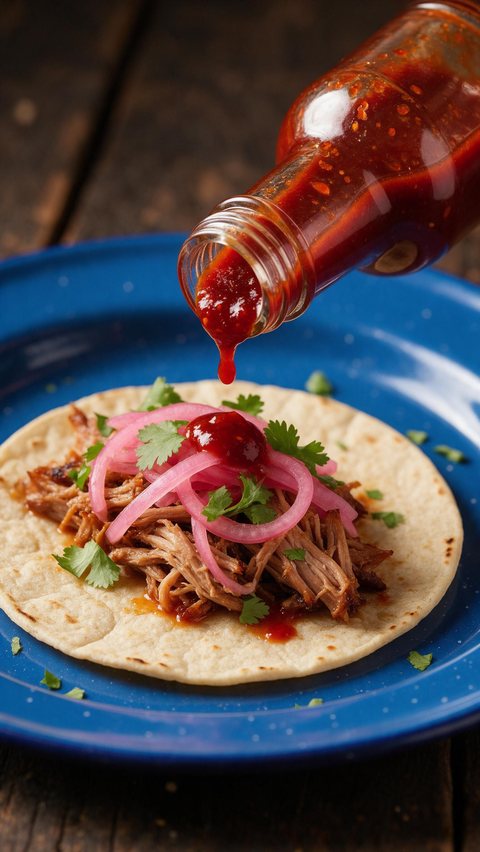 Hot sauce ASMR drip: AI-generated ASMR macro clip of chilli hot sauce dripping onto a taco