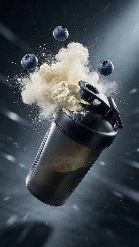 Protein shaker hypermotion: AI-generated hypermotion clip of a shaker bottle bursting through protein powder