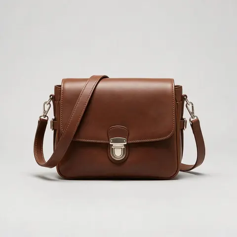 Leather crossbody bag on light grey seamless, catalogue style