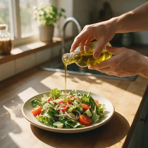 Hands pouring olive oil from a glass bottle over a salad
