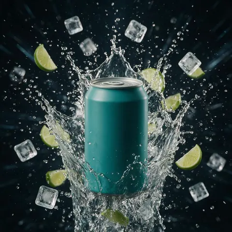 Drink can bursting through water, ice and lime slices