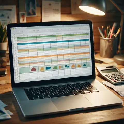 A laptop showing a budget spreadsheet with a totals row