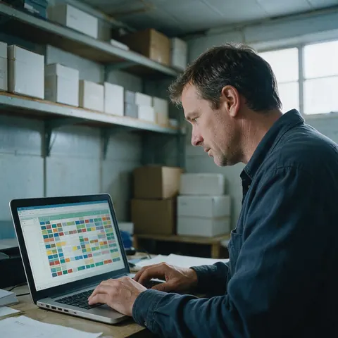 A man checking an inventory spreadsheet on a laptop in a warehouse office