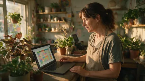 A shop owner reviewing sales figures on a laptop behind a counter