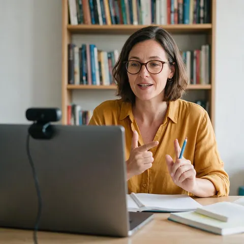 Teacher recording a short lesson with a laptop webcam