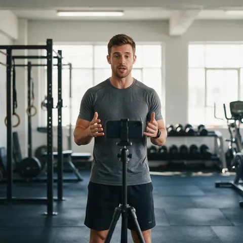 Fitness coach filming himself with a phone on a tripod in a gym
