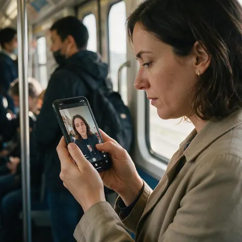 Woman watching a short video on her phone on a train
