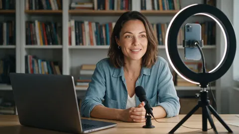 A course creator recording at a desk with a ring light