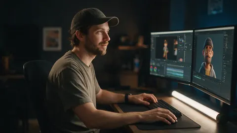 A creator editing at two monitors with a 3D character on screen