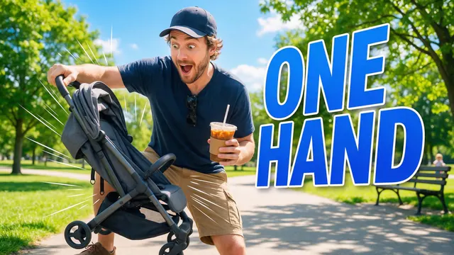 One-hand stroller fold thumbnail: AI-generated parenting thumbnail: a compact stroller folded with one hand