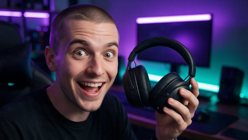 Gaming headset review thumbnail: AI-generated 16:9 review scene: a gamer lifts a new headset at a glowing desk