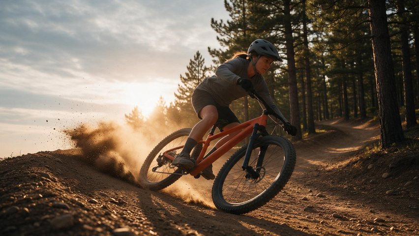Mountain bike trail thumbnail: AI-generated 16:9 ride scene: a rider drifts a bike through red dust on a trail