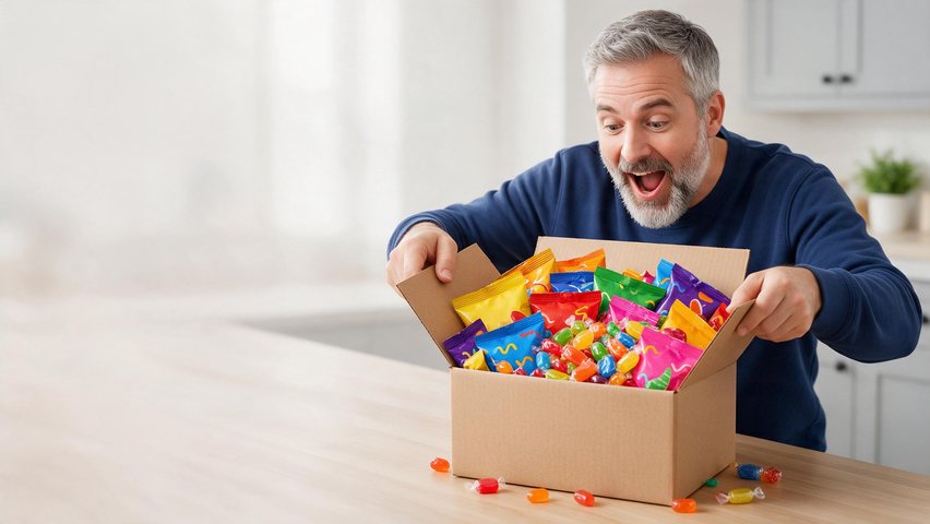 Snack box taste-test thumbnail: AI-generated 16:9 unboxing scene: a mystery snack box opened on a kitchen table