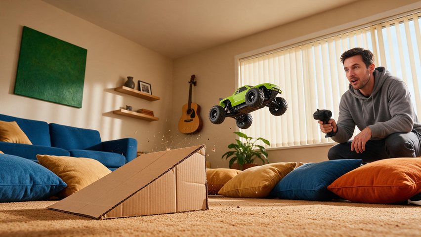 RC car ramp jump thumbnail: AI-generated 16:9 home scene: a toy RC car launches off a cardboard ramp