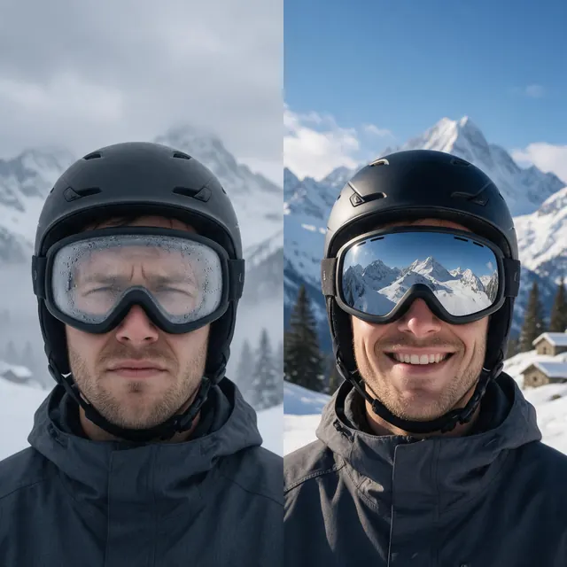 Ski goggles problem-solution: AI-generated problem-solution ad: fogged goggles vs clear anti-fog goggles