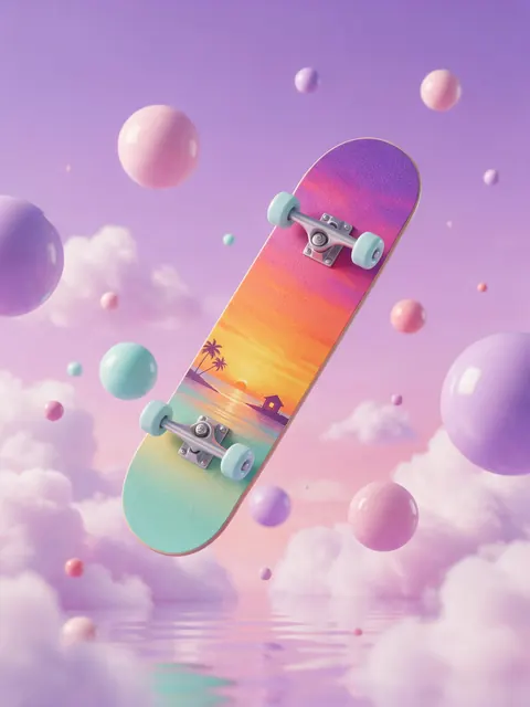 Skateboard 3D surreal scene: AI-generated 3D surreal ad image: a skateboard floating among pastel spheres