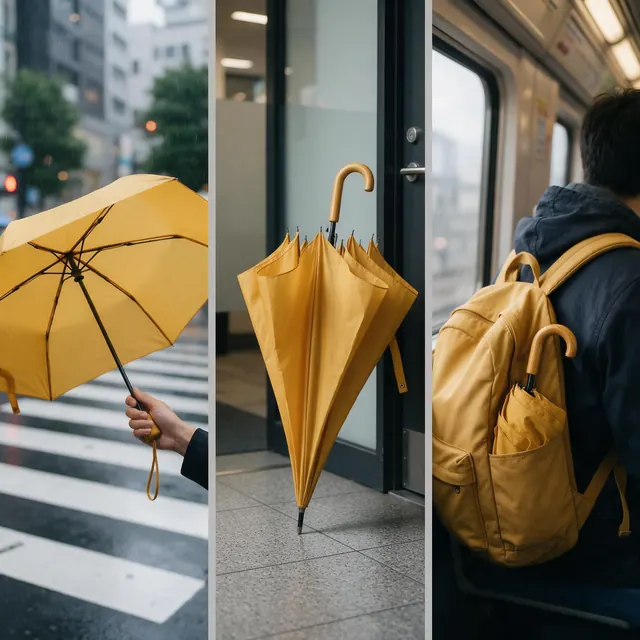 Travel umbrella social proof: AI-generated social-proof ad: one umbrella in three rainy everyday scenes