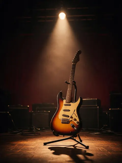 Electric guitar stage poster: AI-generated scene poster of an electric guitar under stage lights