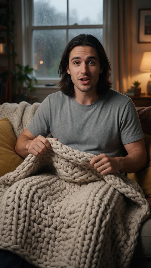 Weighted blanket at-home ad: AI-generated UGC video ad: a creator relaxing under a weighted blanket