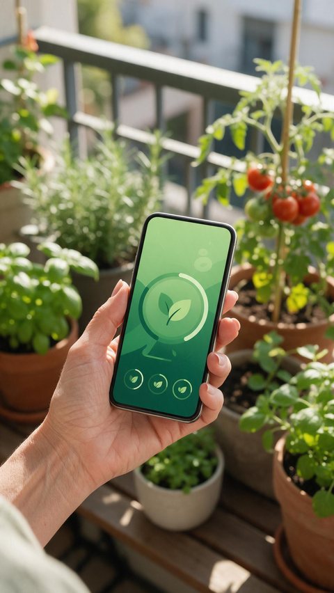 Plant-care app promo: AI-generated app promo video ad: a phone with a plant-care app on a balcony