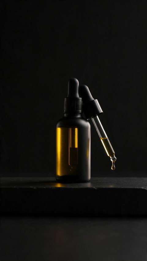 Beard oil dark minimal ad: AI-generated dark minimal video ad: a beard oil bottle in a moving light beam