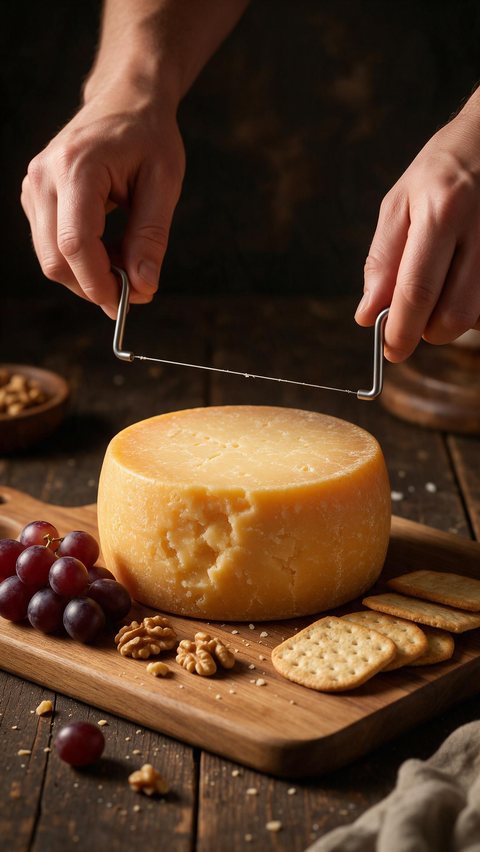 Cheese wheel wire-cut ASMR: AI-generated ASMR video ad: a wire cutting a wedge of aged cheese