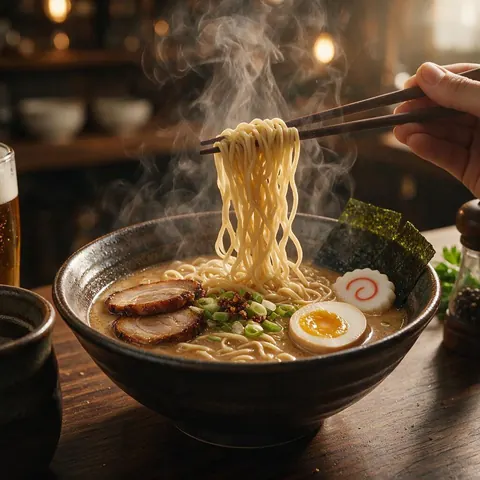 Steaming bowl of ramen in a menu-style video ad