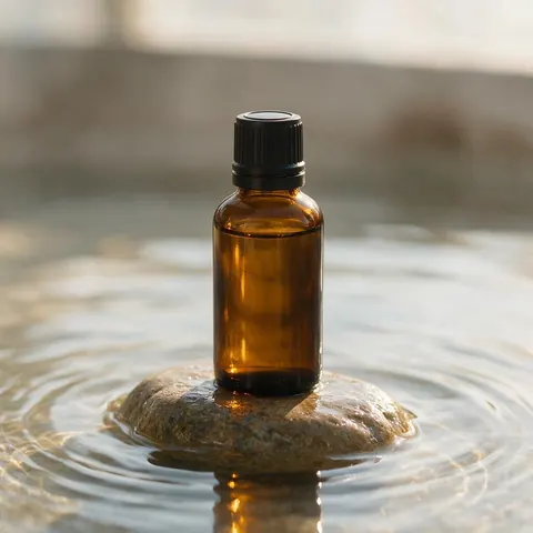 Commercial-style frame of an amber skincare bottle on a wet stone