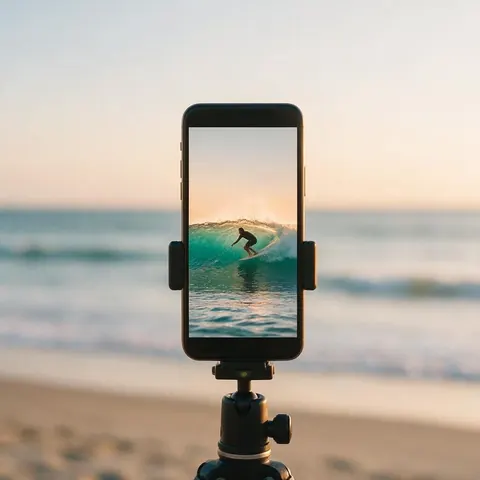 Phone on a tripod showing a vertical surfing video frame at sunset