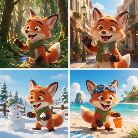Four stills of the same original cartoon fox character in different scenes