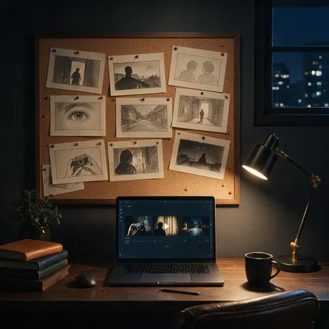 Storyboard sketches above a laptop with three video thumbnails