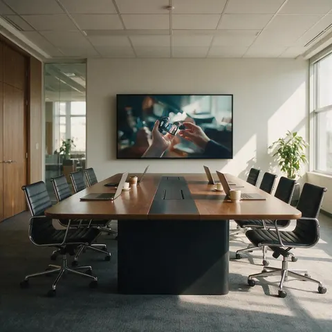 Meeting room screen showing a product video