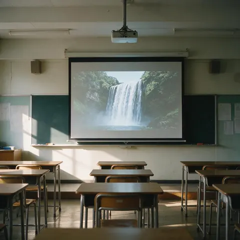 Classroom screen showing a waterfall video