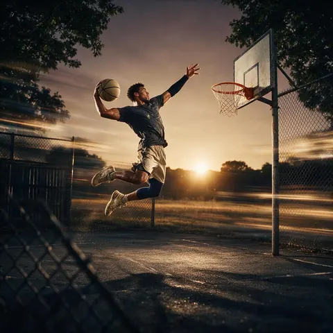 Action montage frame of a basketball player mid-dunk on an outdoor court at dusk
