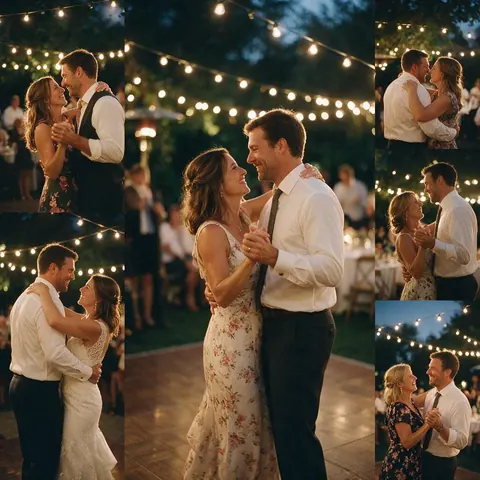 Montage frame of an adult couple dancing under string lights at a garden party
