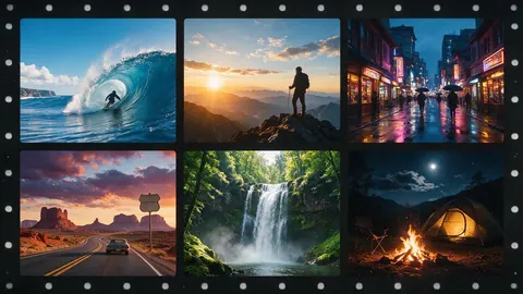 Film-strip grid of six cinematic travel frames: surf, mountains, city, desert road, waterfall, campfire