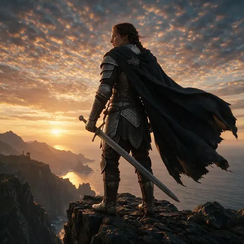 Detailed cinematic frame of a warrior in engraved armour on a cliff at sunset