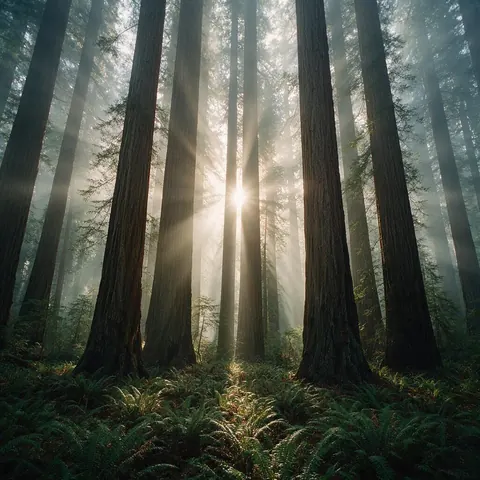 Crisp frame of a misty redwood forest with sun rays