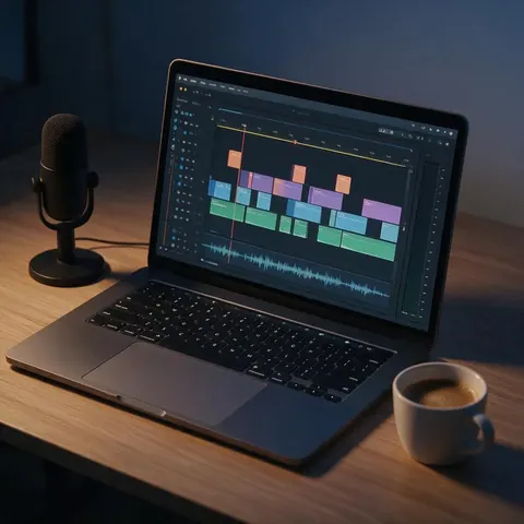 Laptop with an editing timeline and audio track beside a microphone