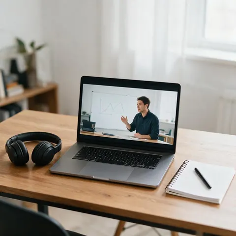 Laptop with a course lesson, a headset and notes