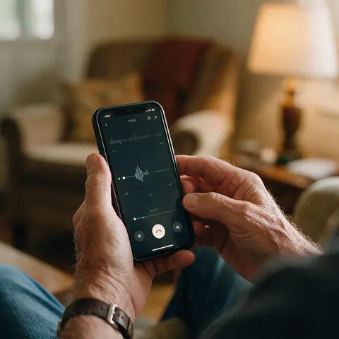 Older hands holding a phone recording a voice memo in a warm room