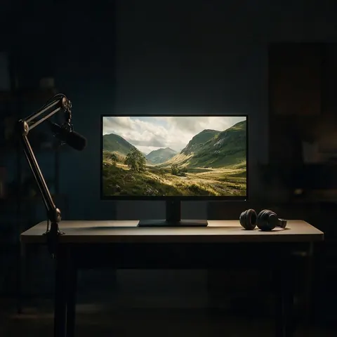 Monitor playing a landscape documentary beside a microphone
