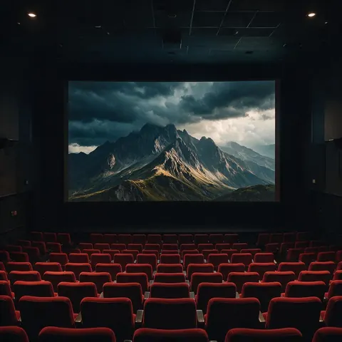 Empty cinema screen showing an epic stormy mountain range
