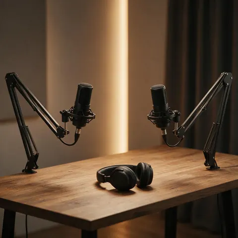 Two podcast microphones facing each other on a wooden table