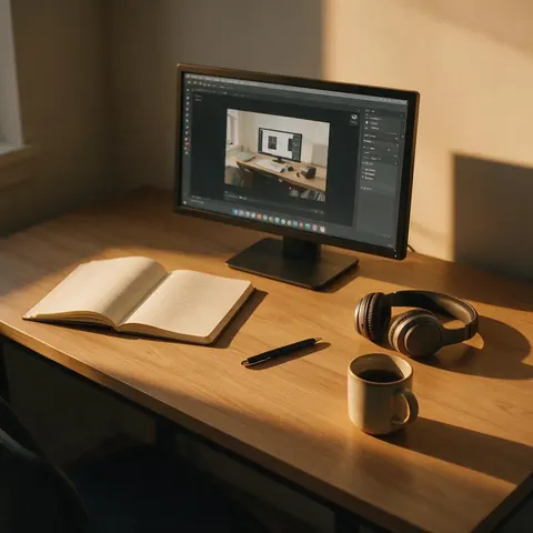 Desk with a tutorial on the monitor, a script outline notebook and headphones
