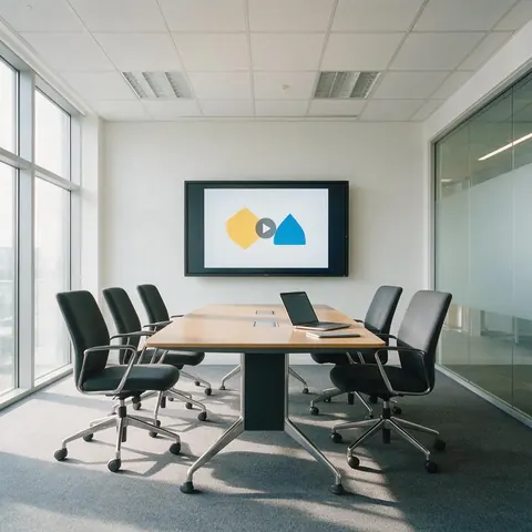 Meeting room screen showing a training slide with a laptop on the table