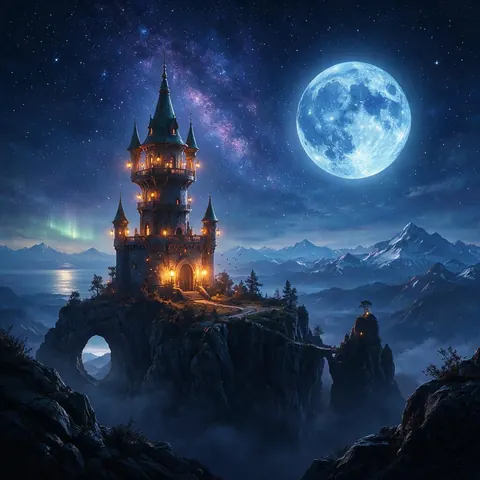 Fantasy concept art of a lantern-lit tower on a cliff under stars
