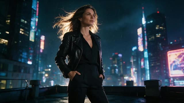 Woman on a rainy neon rooftop as wind moves her hair
