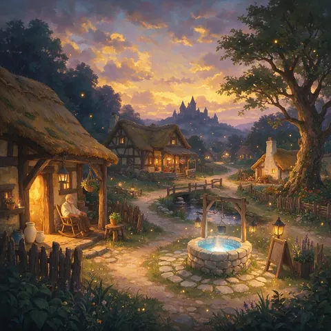 Hand-painted fantasy village game scene at dusk
