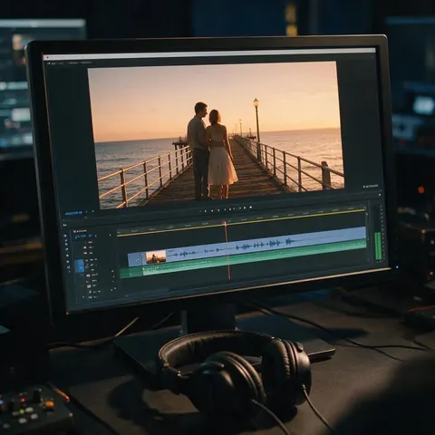 Editing monitor with a sunset film scene and a music track